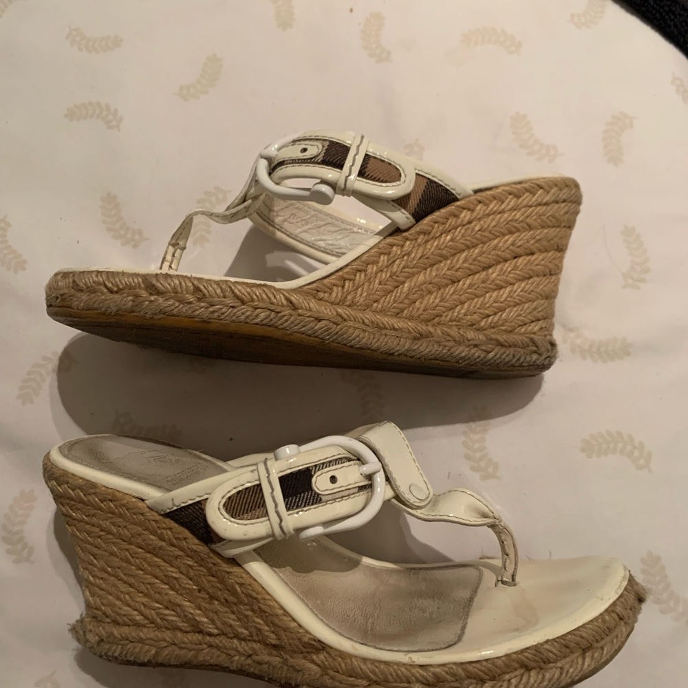 Burberry White and Tan Wedge Sandals